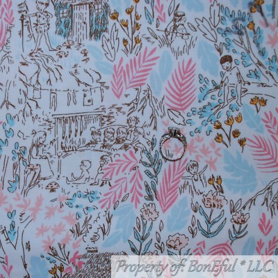 BonEful FABRIC FQ Cotton Quilt VTG White Blue Pink Toile Tropical Flower Summer