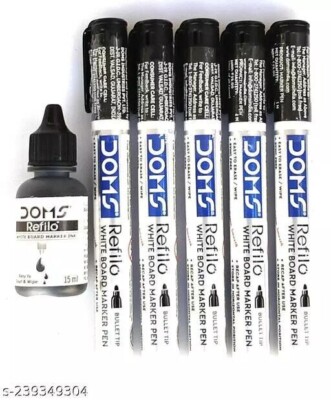 Doms White Board Markers - Pack of 5 Marker + Ink Bottle | Color : Black