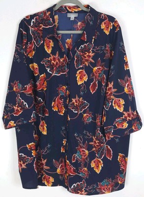 Catherines Button Up Shirt 2X Floral Midnight Blue 3/4 Sleeve Stretch Careerwear