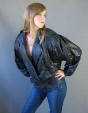 80s Women's Jacket Bomber Style Black Leather Dramatic Vintage Cropped