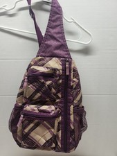 EUC Thirty One Sling Back Backpack Adjustable Bag Plum Plaid Grey Brush Strokes