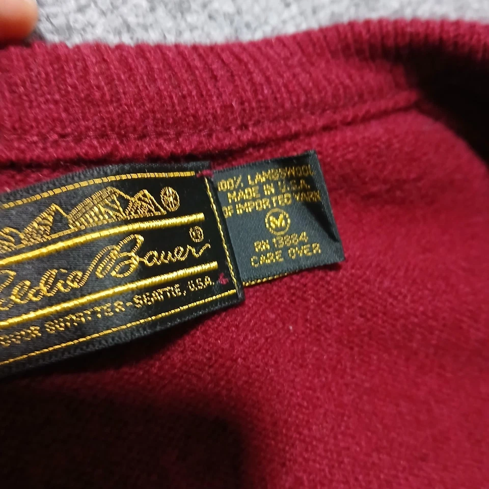 复古 Eddie Bauer 毛衣男式中号勃艮第羊羔毛 V 领套衫 90 年代 — 第 4/4 张图片