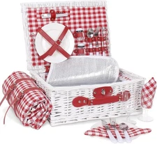 Picnic Basket for 2 White Wicker Set Vintage Look Cooler Compartment w/ Blanket