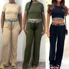 Women's Leopard Contrast Tracksuit Crop Top Palazzo Trouser Lounge Set