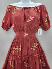 Anthropologie Kindred S Burgundy Red Embroidered Tiered Smocked Boho Maxi Dress