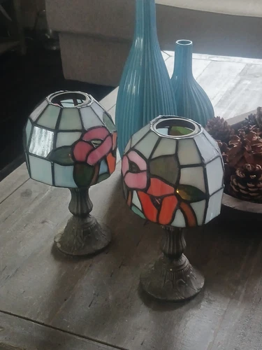 Vintage Tiffany Like TeaLightCandle  Lamps With HandCrafted Stained glass Shades