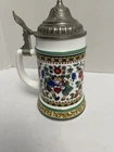 Beer Stein BMF bierseidel German Milk Glass Sweetheart Scene Dome Pewter Lid Vtg