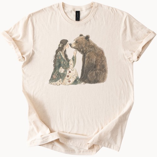 Girl and Bear Graphic T Shirt Fairy Tale Forest Animal Art Nature Tee