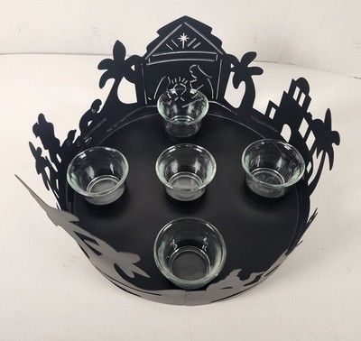 NOS Black Metal Bethlehem Advent Candle Holder Nativity Scene 5 Tealight Holders