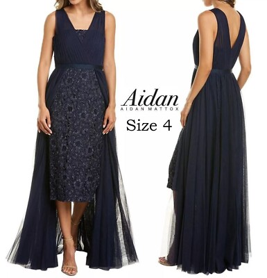 NWT Aidan Mattox Women Metallic Embroidered Lace Mesh Overlay Navy Dress  Size 4