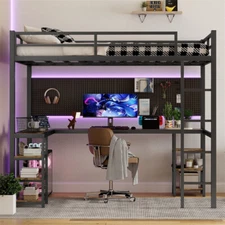 Full XL Metal Loft Bed w/L-Shaped Desk/Storage Shelves/Ladder/Guardrails,Black