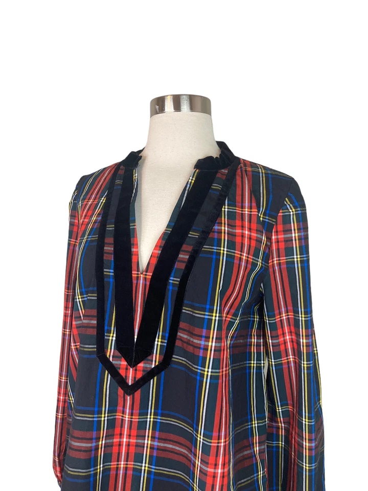 J Crew Tunic Top S Black Stewart Tartan Plaid Velvet-Trimmed V-Veck Holidays - Image 4 of 4