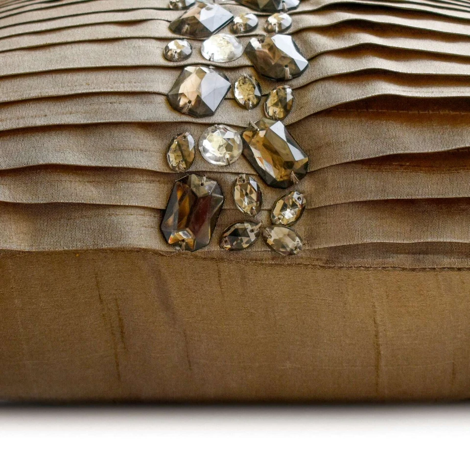 Light Brown Silk  Lumbar Pillow Cover Pintucks & Crystal - Crystal Dreams Light - Image 2 of 3