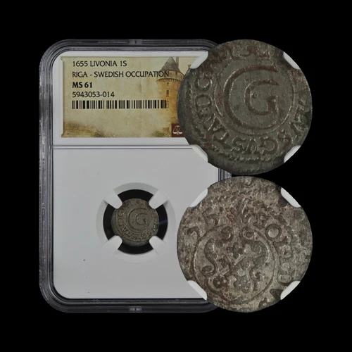 LIVONIA. 1655, 1 Solidus, Silver - NGC MS61 - CXG, Sweden, Riga, Crossed Keys