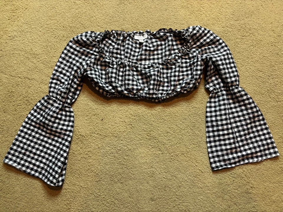 Topshop Peasant Crop Milkmaid Top Black White Gingham Check Bell Long Sleeve 2P - Image 2 of 4