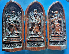 3 DIEUX DE LA SAGESSE CHINOIS AUTEL SANCTUAIRE TRYPTIQUE PLIANT BOIS ET RESINE