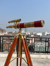 Vintage Brass Telescope on Wooden Tripod Antique Maritime Spyglass Floor Stand,