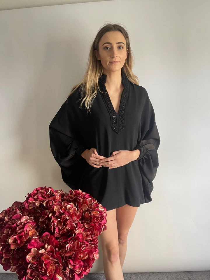 Vestido/top SAINT LAURENT FR 36 UK 8 crepé manga ala de murciélago ribete con cuentas Foto 3 de 4