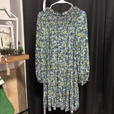Mango Floral Smocked Long Sleeve Midi Dress Blue Yellow Viscose Women’s Size M
