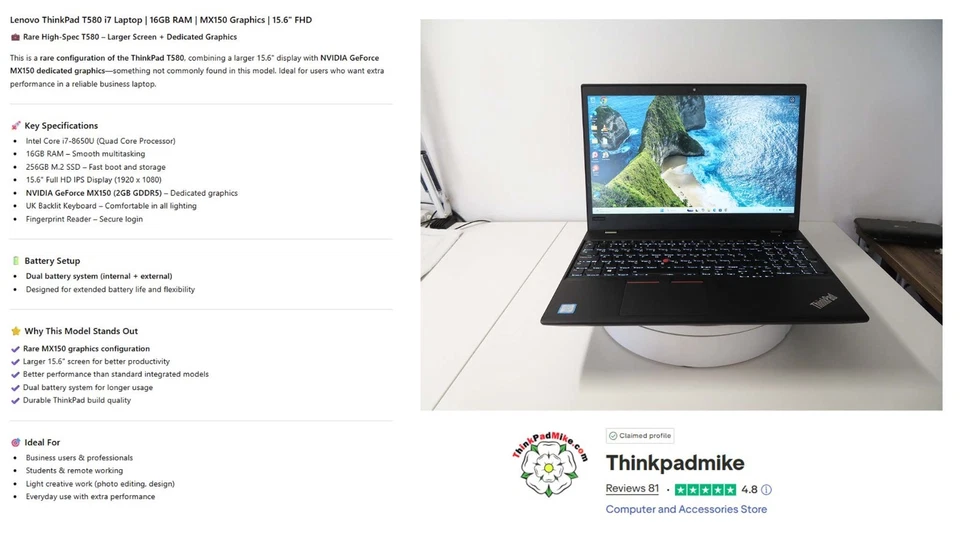 Lenovo ThinkPad T580 · i7-8650U · 16GB · 256GB, photo 2 of 5