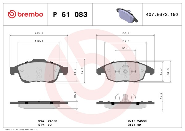 Brembo P 61 083 Bremsbelagsatz, Scheibenbremse For CitroËN Ds Peugeot-image