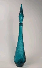 Vintage Italian Empoli Genie Bottle Decanter & stopper Teal Blue Floral Pattern 