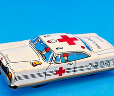 Vintage Tin Litho Plymouth Ambulance Friction Toy Made in Japan 3.5" Red Cross