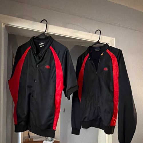 Nike Air Jordan Men's Track Jacket Full Zip L Black/Red Colorblock Satin video thumbnail