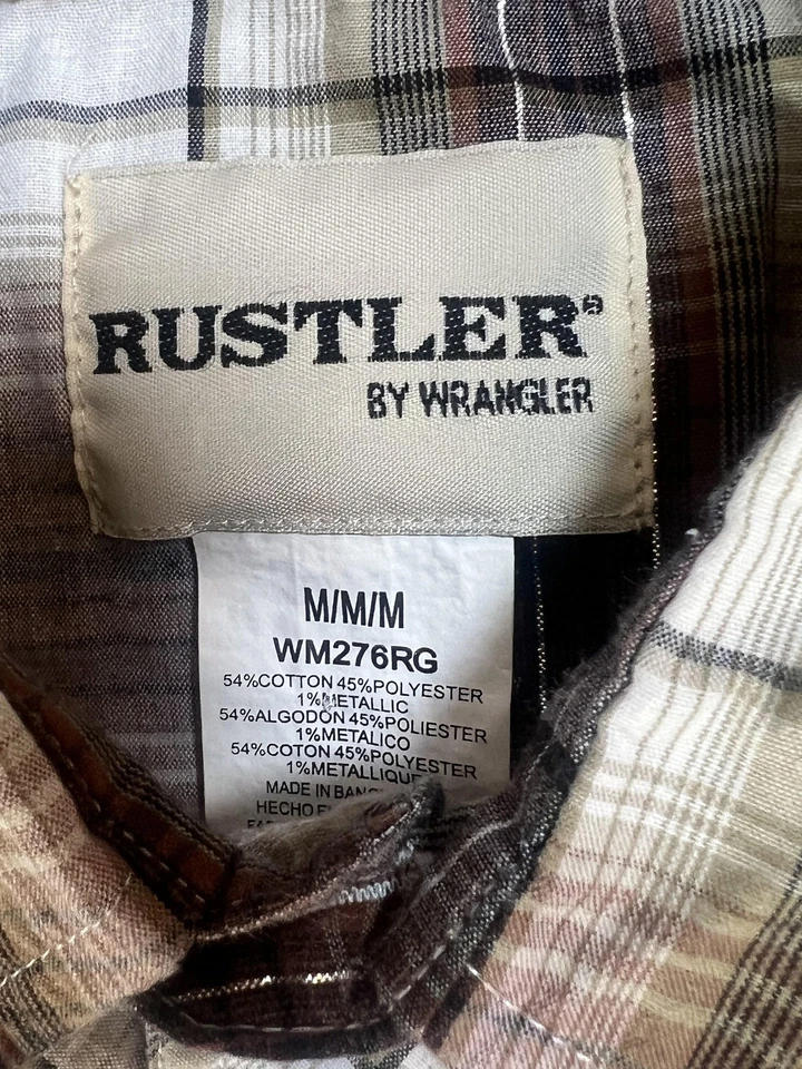 Camisa Rustler Wrangler De Colección Para Hombres Mediana Cuadros Perla Occidental A Presión Metálica Años 90 Foto 3 de 4