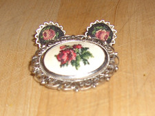 Austrian Petit Point Floral Needlepoint Brooch Pin & Earrings 1979