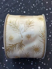New gold glitter pine needles Christmas  Roll wire edge Ribbon 4"W  40ft