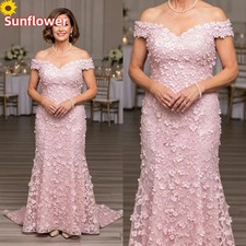 Elegant Pink 3D Floral Prom Dress Off Shoulder Cap Sleeves Mermaid Evening Gowns