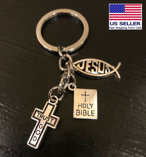 Trust God Cross Jesus Fish Christian Holy Bible Charms Keychain Gift Key Chain - Picture 2 of 12