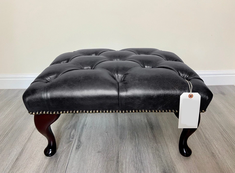 Chesterfield Queen Anne Buttoned Black Faux Leather Footstool - Image 2 of 4