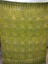 Old Vintage Batik Cap Ikan Mas Special Green & Yellow Fabric 43”x 58” w/fringes
