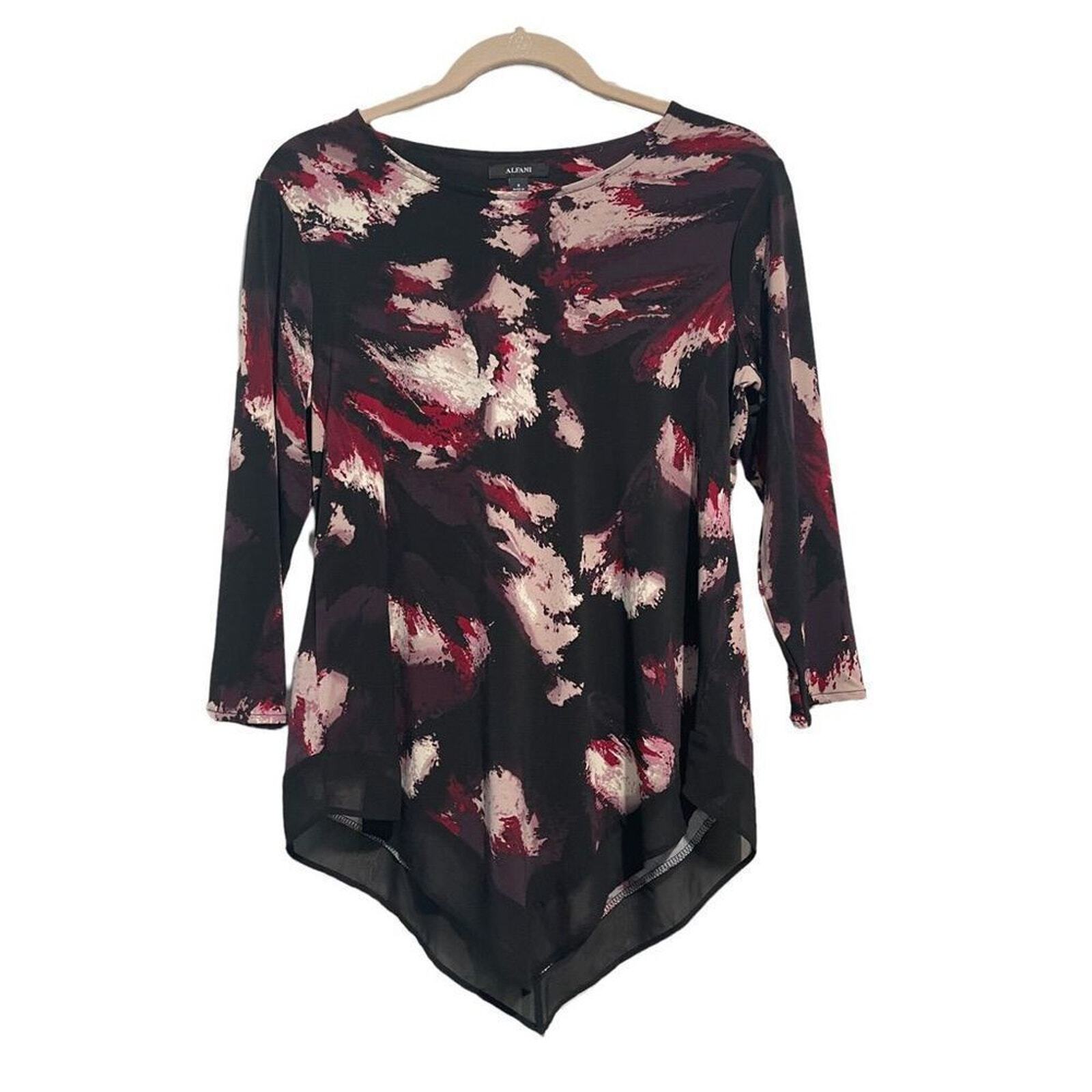 Alfani Womens 3/4 Sleeve Scarf Hem Black Multicolor Abstract Print Blouse Top