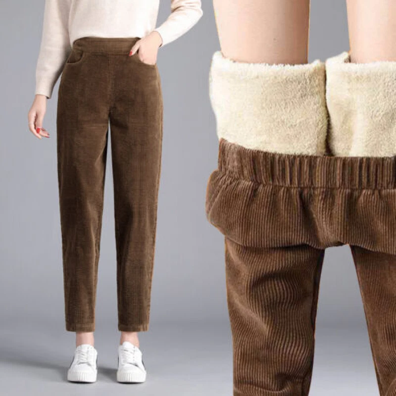 Ladies Warm Faux Fleece Elastic Waist Trousers Lined Corduroy Tapered Pants