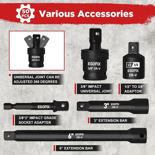 3/8" Drive Impact Socket Set, 50 Piece Standard SAE (5/16 to 3/4 inch) and Metri - Picture 6 of 9