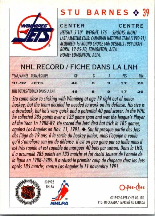Stu Barnes Winnipeg Jets Hand Signed 1992-93 OPC Hockey Card #39 NM - Image 2 of 2