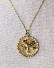 Vintage 1980s Gold tone Tree Of Life Multicolor Crystals Pendant Necklace 