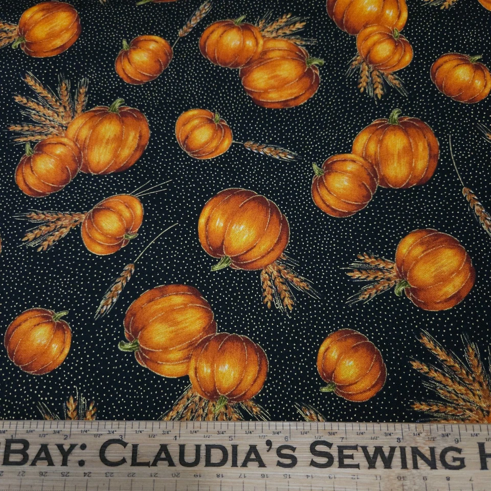 31" Autumn Glow Quilting Treasures Orange Pumpkins on Black Gold Highlights - Image 2 of 3
