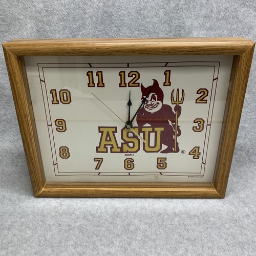 70s Vintage Arizona Sun Devils ASU Wood Framed Glass Quartz Wall Clock 14" X 11" - Picture 3 of 13