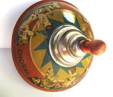 🐸 Vintage CHORAL GIRLS PLAYING SPINNING TOP Tin Litho Toy Large 9"