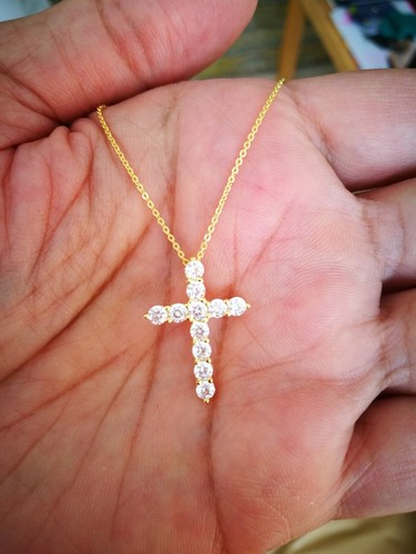 1Ct Cross Pendant Necklace Simulated Diamond 14K Solid Yellow Gold Plated Silver - Picture 6 of 7