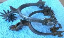 2 Old Single August Buermann Antique Iron Horse Spurs Drop Shank Heel Chains