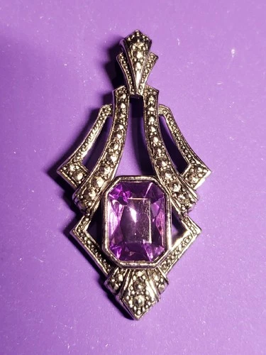 Vintage Avon Silver Tone Amethyst Pendant Art Deco Inspired Jewelry 2" No Chain