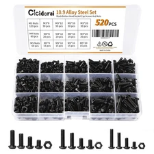 520Pcs M3 M4 M5 10.9 Grade Alloy Steel, Button Head M345, Black 