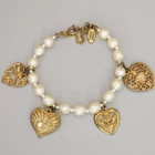 Signed Vtg Miriam Haskell Multi Heart Charm Bracelet Pearl Gold Tone Filligree