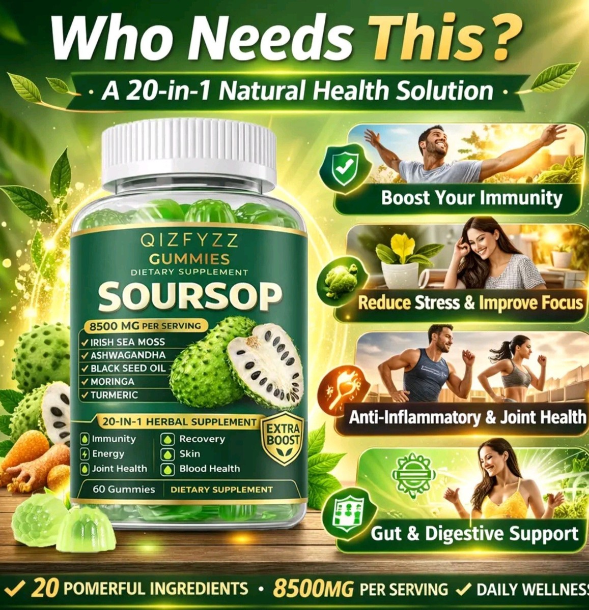 2 PCS Summervibes Qizfyzz Soursop Gummies 20-in-1 Herbal Complex