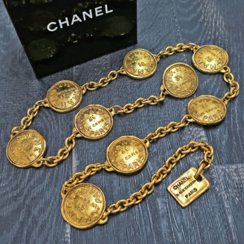 CHANEL Gold Plated CC Cambon Round Charm Vintage Chain Belt #786c Rise-on